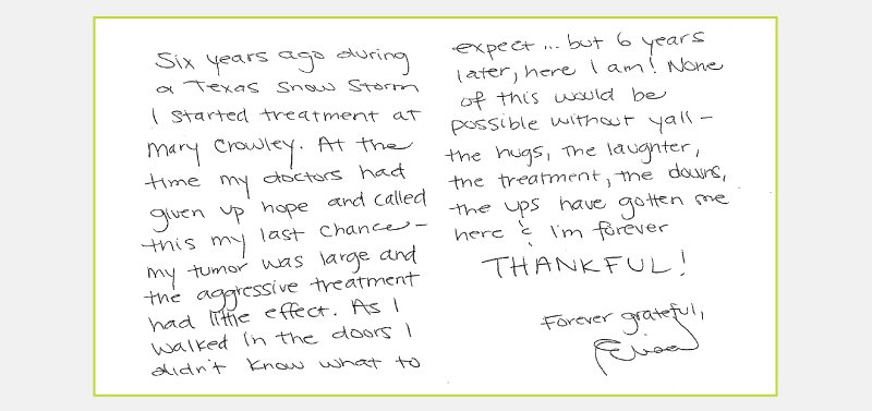handwritten letter to Mary Crowley team from patient Elisa Marting